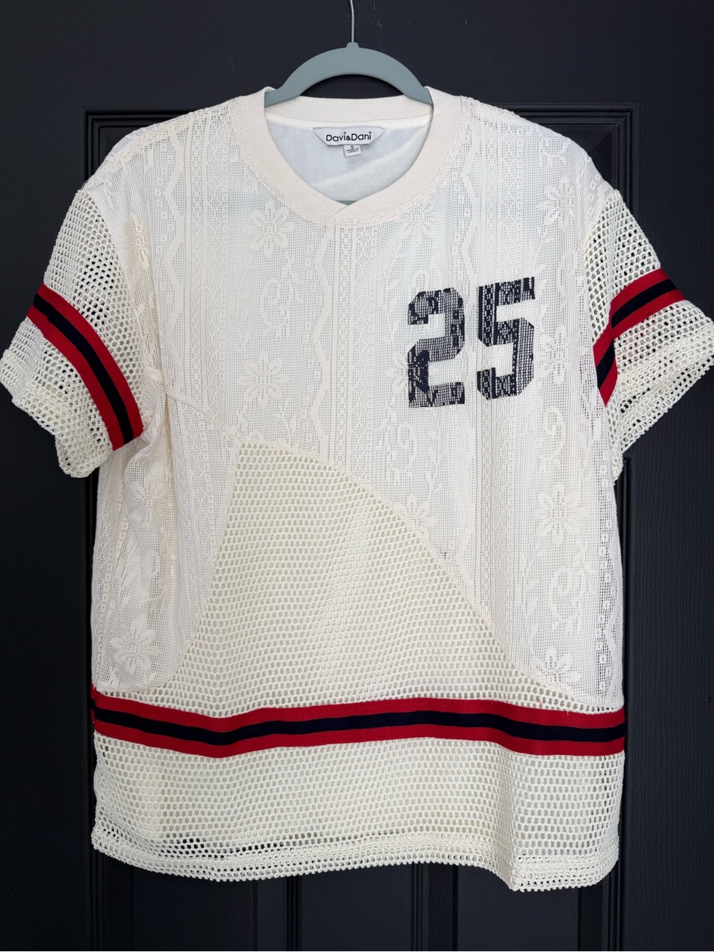 DAVI & DANI Cream Mesh Jersey with Red & Black Stripes